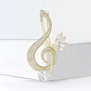 Elegant Copper Musical Note Brooch With Zirconia Rhinestone G-Clef Shape Suit Lapel Pin Fashion Jewelry For Women