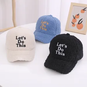 Kids warm fleece baseball caps with Let's Do This embroidery in beige, blue and black