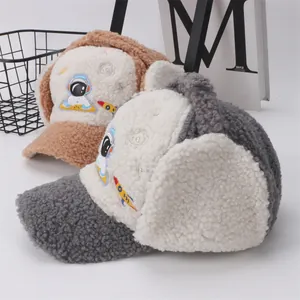 Thick sherpa fleece trapper hats with astronaut embroidery for winter outdoor protection