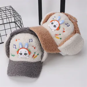 Winter children's plush earflap hat with cute rabbit patch in grey and khaki