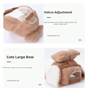 Détail d'un bonnet pour enfant en fausse fourrure avec velcro réglable et grand nœud