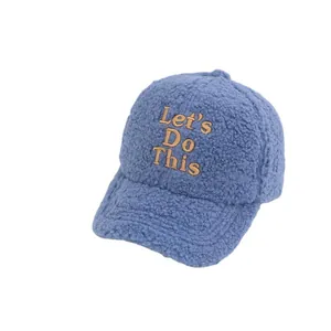 Kids blue teddy fleece baseball cap with Let's Do This embroidery for autumn and winter