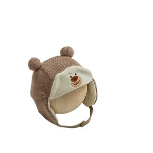 Winter baby knit earflap hat with cute bear ears and fleece lining for wind protection