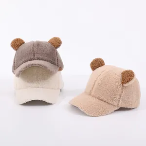 Winter fleece baby baseball caps with 3D bear ears in grey, beige, and tan colors