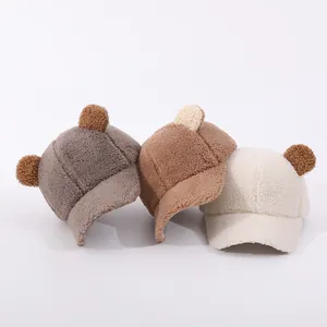 Winter teddy fleece baby baseball caps with cute ears in grey brown and beige colors