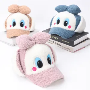 Chapeau d'Hiver Chaud en Polaire pour Enfants avec Cache-oreilles Dessin Animé Gros Yeux Nœud Casquette Coupe-vent en Peluche