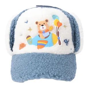 Winter kids blue sherpa fleece aviator hat with cartoon bear pilot embroidery and earflaps