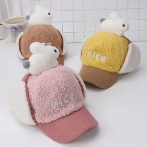 Lindos gorros de invierno de felpa para niños con decoración de conejo en rosa amarillo y marrón