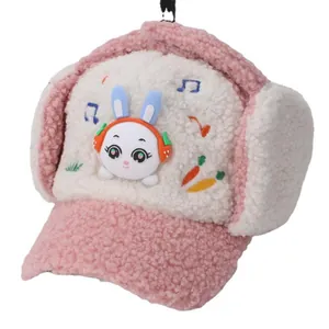 Pink plush rabbit winter aviator hat for children with warm faux fur and cute embroidery