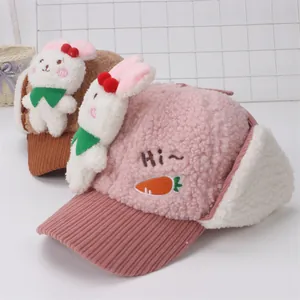 Gorro de invierno para niños con orejas de conejo y forro polar en rosa y marrón