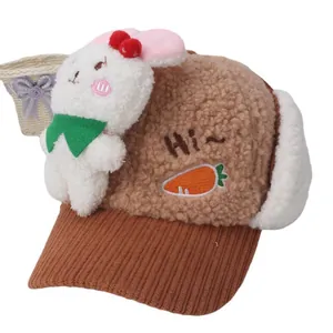 Gorro de invierno de felpa para niños con orejas de conejo y solapas protectoras