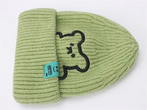 Dettaglio del berretto in maglia verde chiaro con ricamo di orso e etichetta blu di marca