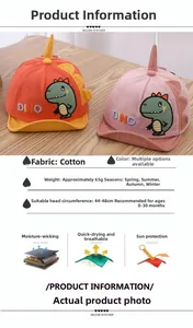 Detailed chart for infant dinosaur cotton baseball cap with moisture-wicking fabric features