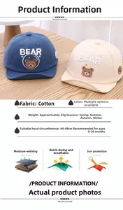Détail de la casquette coton bébé montrant la broderie ours et les spécifications