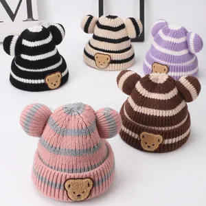 Berretto a Maglia a Righe per Bambini Neonati Con Orecchie di Orso Patch Caldo Inverno Autunno Cappello per Ragazzi Ragazze