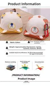 Detail view of cotton baby baseball caps with ear accents and functional specifications