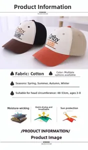 Detail view of cotton kids baseball cap showing breathable fabric and 48-53CM size guide
