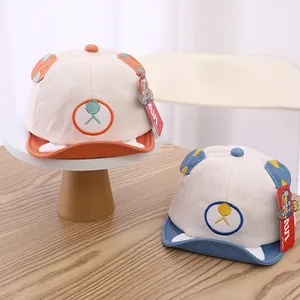 Detail of breathable cotton baby baseball caps with 3D bear ears and cartoon embroidery