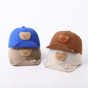 Detail of baby soft brim baseball hats with cute teddy bear embroidery in four colors