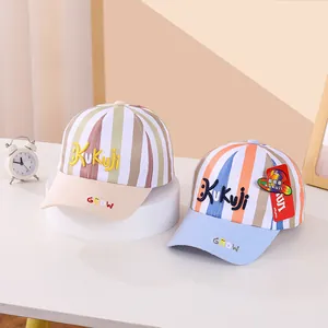 Detailed close-up of kids striped baseball caps with Kukuji embroidery and vibrant colors
