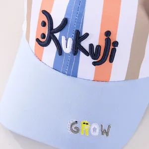 Close-up of Kukuji 3D embroidery and colorful Grow stitching on striped cotton baseball cap
