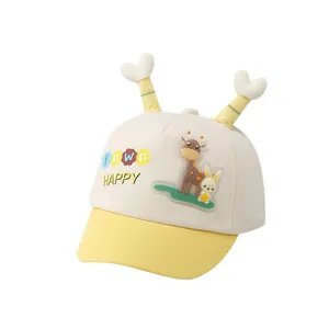 Cute yellow and beige baby baseball cap with cartoon giraffe and 3D horns for toddlers