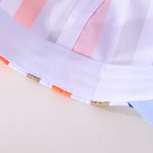 Detail view of colorful striped baseball cap interior showing sewing and sweatband