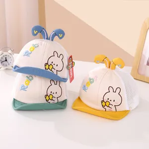 Detail of baby mesh sun hats with cute rabbit embroidery and breathable net material