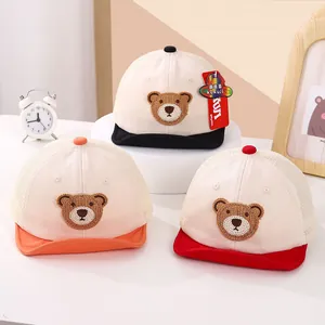 Mesh baby sun hat with cute teddy bear embroidery in beige, black and orange