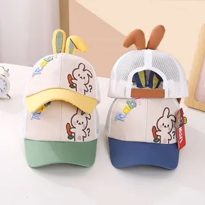 Close-up of baby mesh baseball cap with 3D bunny ears and cute rabbit embroidery
