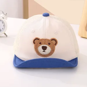 Detailed view of baby mesh baseball cap with cute bear embroidery and breathable net