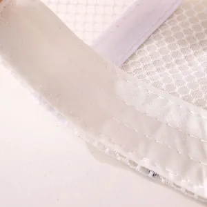 Close-up of white breathable mesh fabric with triple-stitched seams on the sun hat
