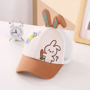 Detailed close-up of rabbit embroidery and breathable mesh on baby summer baseball hat
