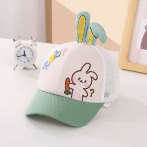 Detail of baby mesh cap with cartoon rabbit embroidery and cute 3D long bunny ears