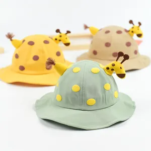 Cute giraffe cotton sun hats for toddlers in yellow, khaki, and mint green colors