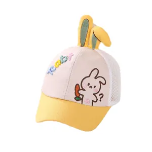 Pink and yellow mesh baby baseball cap with cute bunny ears and cartoon embroidery
