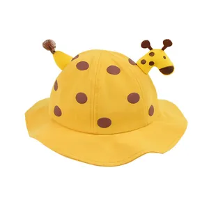 Yellow giraffe baby sun hat with cute 3D ears and brown polka dots for boys and girls