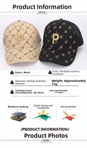 Detail view of children's mesh baseball cap with P-letter embroidery and breathable fabric