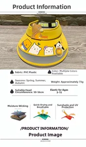 UPF 50+ yellow PVC kids sun hat with cartoon bears for 3-15 years, size 50-56cm