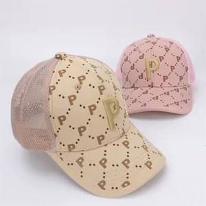 Kids breathable mesh baseball caps with golden letter P embroidery in beige and pink
