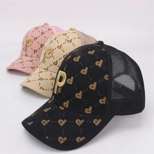 Three kids mesh baseball caps in black, beige, and pink with 3D letter P embroidery