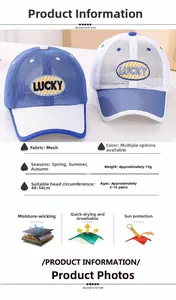 Détails de la casquette de baseball en filet bleu et blanc avec broderie LUCKY pour enfants