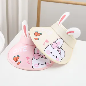 Kids wide brim sun visor with cute 3D bunny ears and cartoon rabbit carrot prints