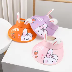 Kids cartoon bunny open top sun hats with long ears in orange, purple and pink colors
