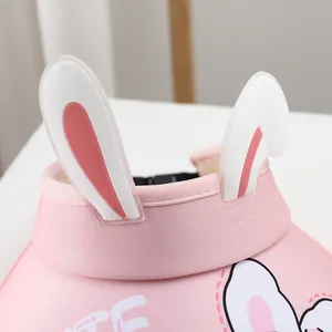 Pink cartoon bunny sun hat for kids with long ears and adjustable strap for summer