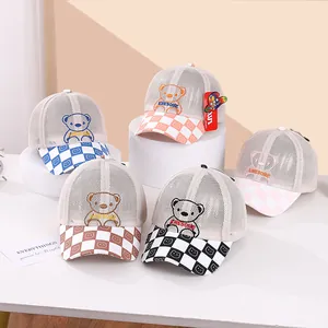 Collection of kids breathable mesh baseball caps with bear embroidery and checkered brim