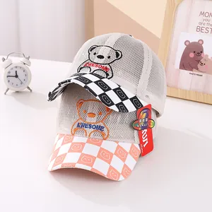 Kids breathable mesh baseball cap with cartoon bear and checkerboard brim design