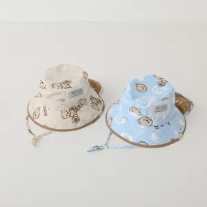 Detail of kids sun hat with bear pattern, mesh vents and neck protection flap