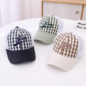 Breathable mesh trucker hats with frog embroidery and gingham pattern in three colors