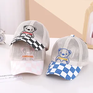 Breathable baby mesh baseball cap with cartoon bear embroidery and checkerboard brim design